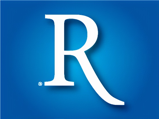 White letter R on blue background